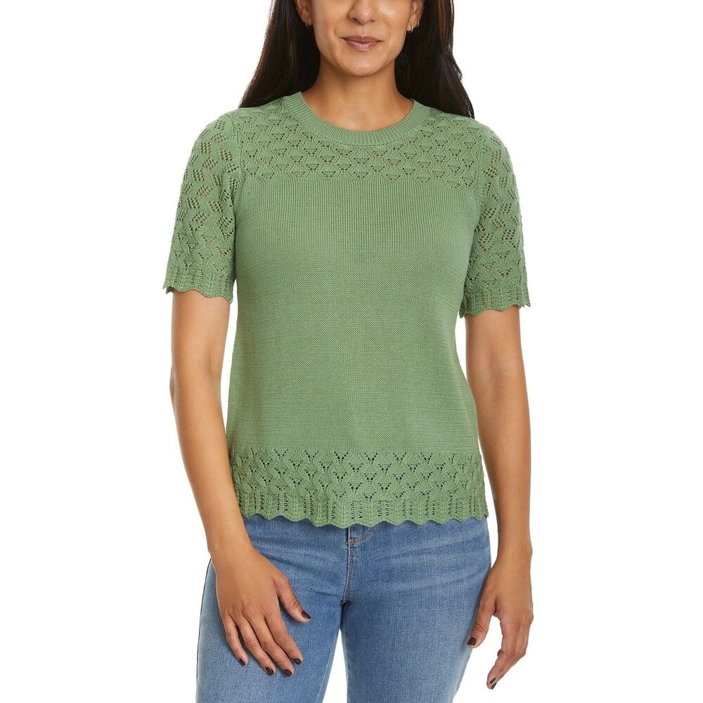 Jessica Simpson Crewneck Sweater Short Sleeve Pointelle Knit Hem Women’s Large